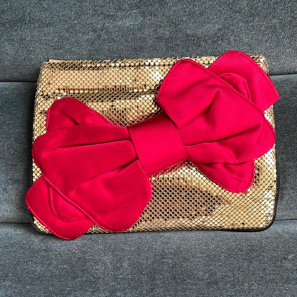 Felix Rey Gold Chainmail Satin Red Bow Clutch